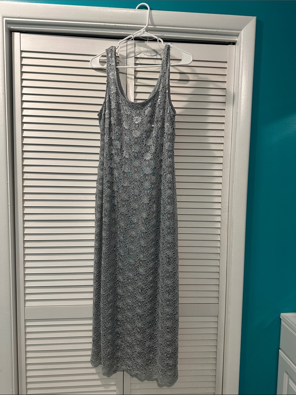R&M Richards Silver Lace Maxi Dress with Scoop Neckline